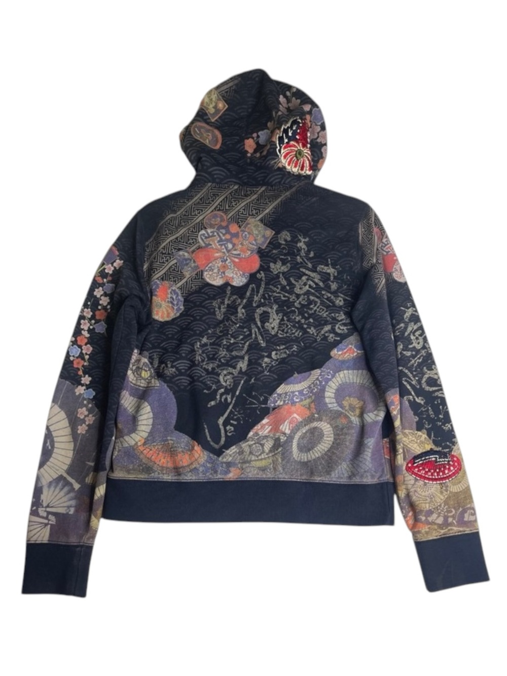 Rare: Y2K Lucky Brand ☂︎︎ Geisha Parasol Embroidery Zipper Hoodie ☂︎︎ Navy ☂︎︎ L - Picture 2 of 16